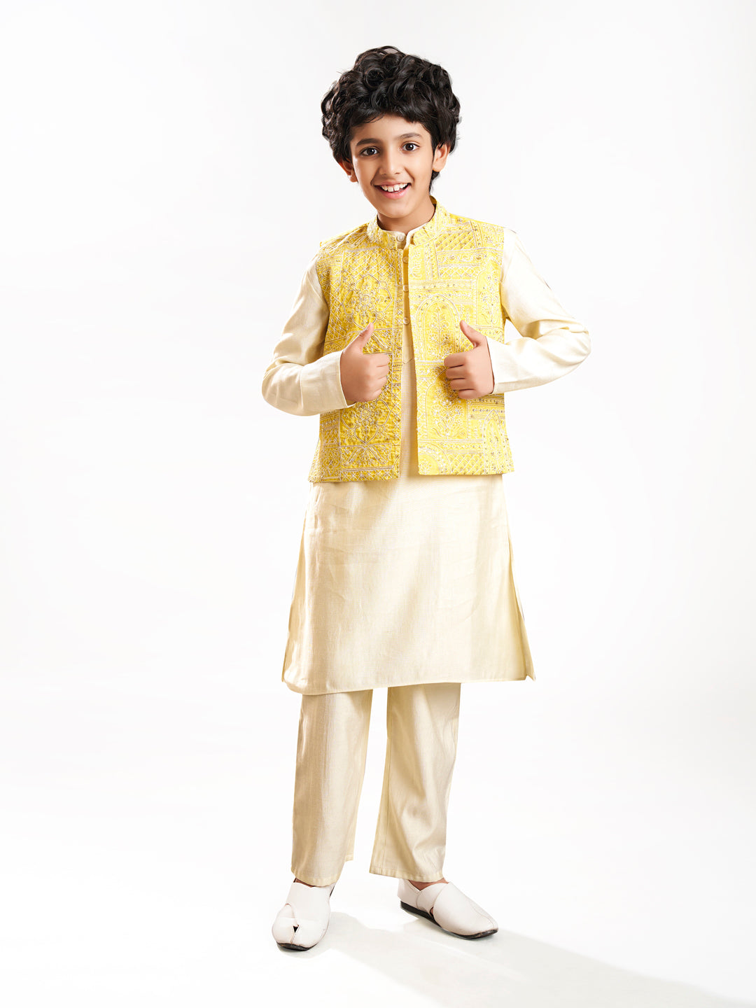 Boys off white kurta pajama with yellow modal booti jacket
