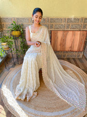 Women's Georgette OffWhite Embellished DesignerSaree With Blouse Piece