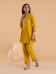 Women Yellow Embroidered A-Line Co-Ord Set