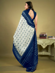 Women's Cotton Blend OffWhite Printed DesignerSaree With Blouse Piece