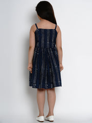 Cotton Blend Woven Sleeveless Self Design Flared Frock - Blue