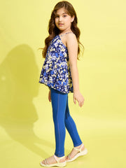 Girls Blue floral Printed One Shoulder top and Jeggings Set