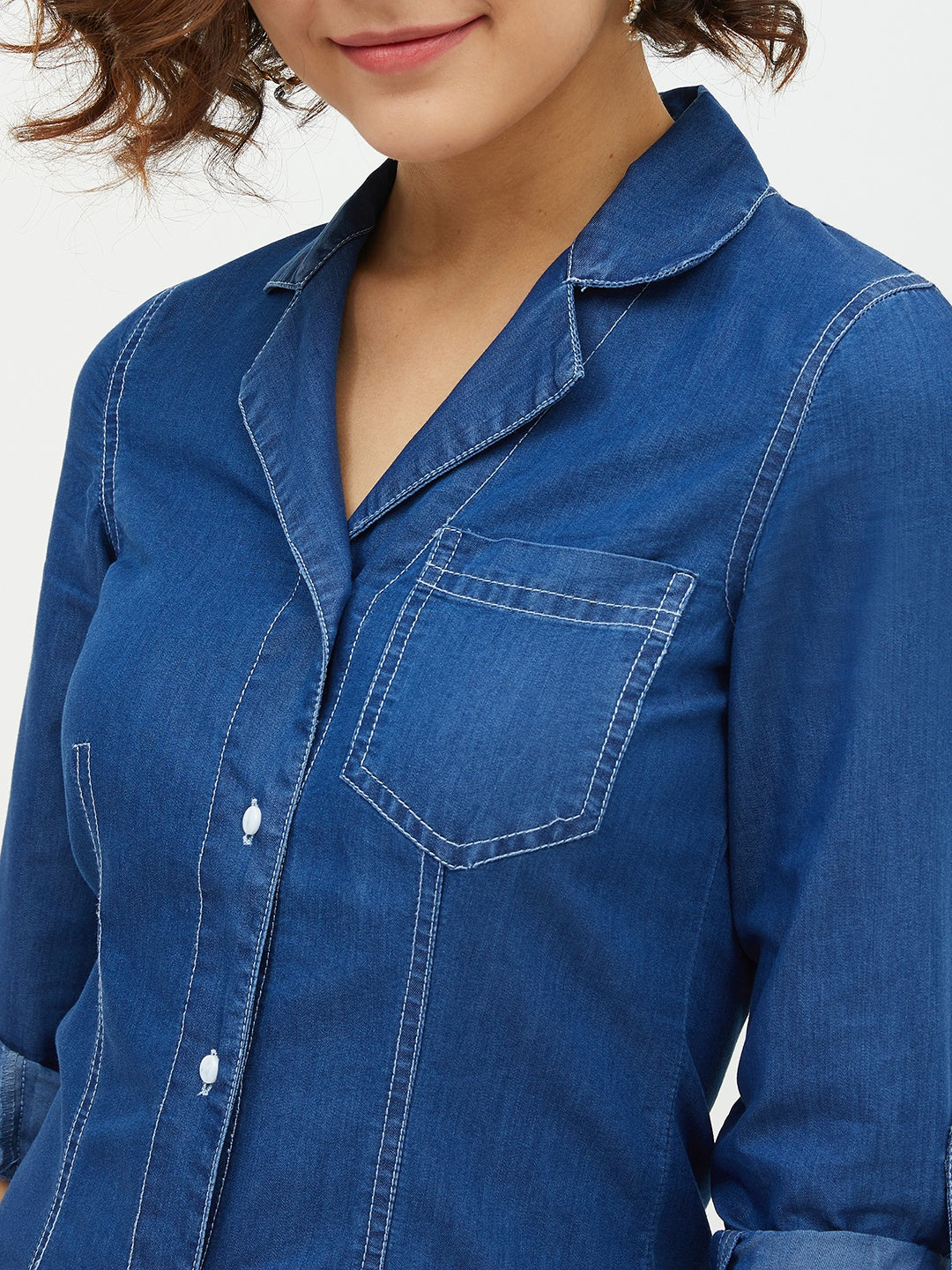 StyleStone Women's Denim Lapel Collar Shirt Dress