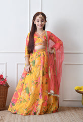 Girls Yellow Floral Printed Lehenga Set with Dupatta