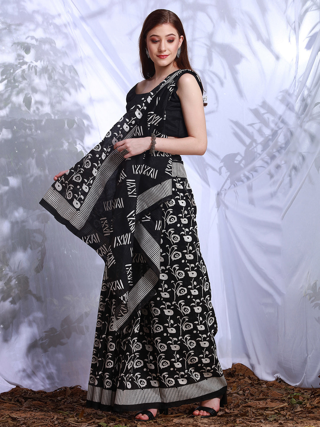 Women's Bhagalpuri Silk Black Printed DesignerSaree With Blouse Piece