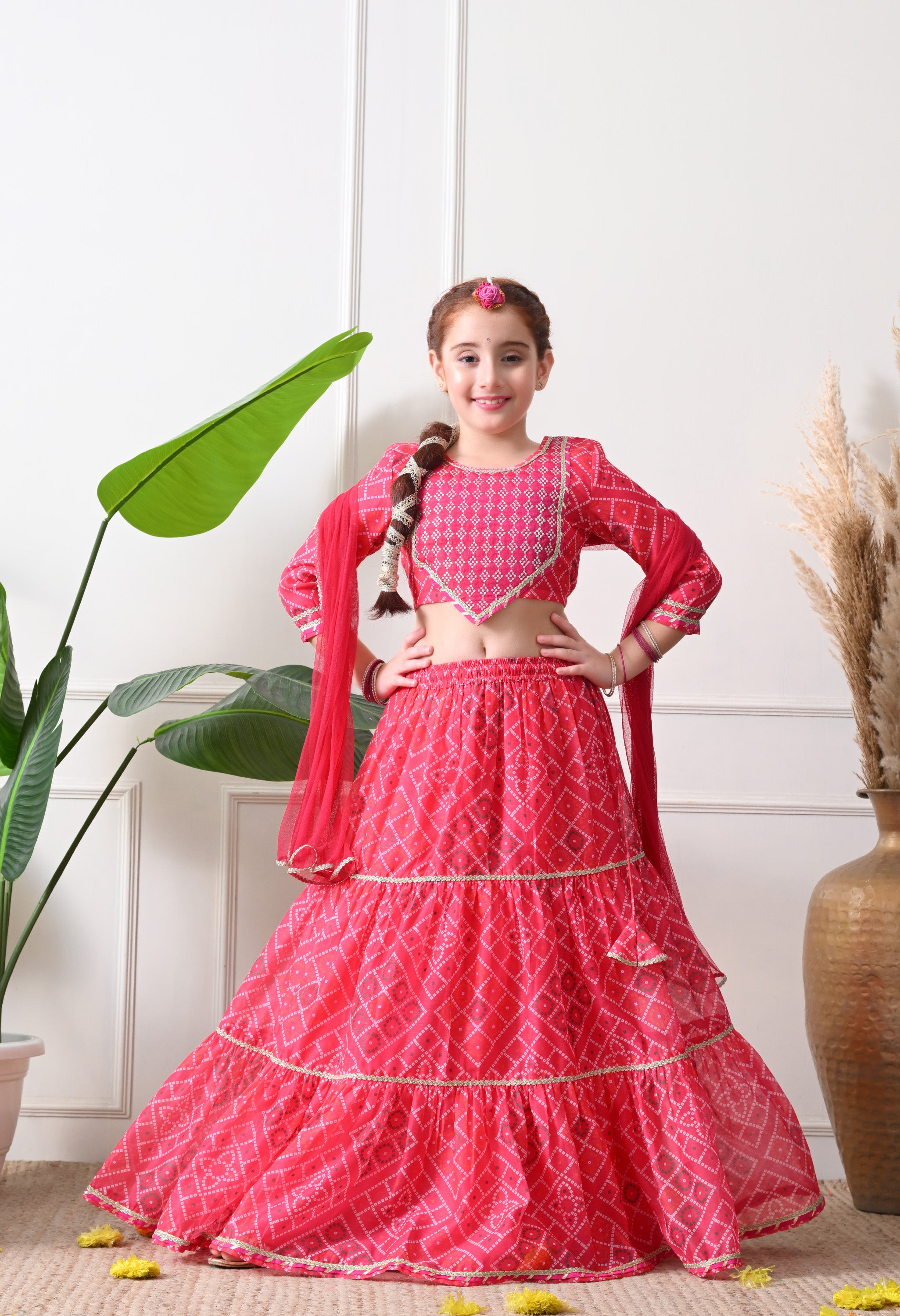 Girls Pink Printed Lehenga Choli Set with Embroidery and Dupatta