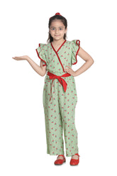 Girls Green and Red Cherry Jumpsuit with Flutter Sleeves