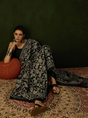 ساري نسائي أسود مطبوع من حرير بهجالبوري مع قطعة بلوزة