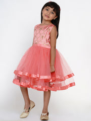 Silk Woven Sleeveless Foli Print Flared Frock - Peach