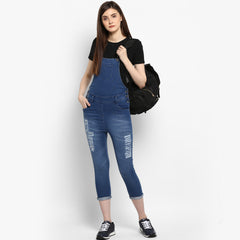 Women's Distressed Stretchable Denim Capri Style Dungarees(inner not provided)