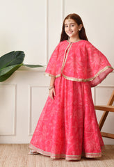 Girls’ Pink Printed Lehenga with Matching Cape and Crop Top Set