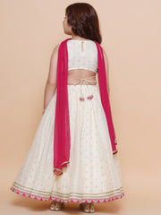 Girls Off white Jacquard booti lehenga & Pink Embroidered Choli Lehenga With Dupatta
