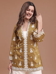 Mustard Colored Silk Blend With Off White Thread Embroidered Tunic & Trouser Co ord Set