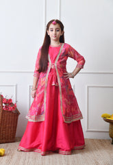 Girls Festive Pink Lehenga Choli with Printed Jacket Set