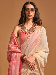 ساري نسائي من مزيج الحرير، لون أبيض كريمي، بتصميم منسوج، مع قطعة بلوزة