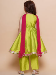 Silk blend Woven Three-Quarter Sleeves Embroidered A Line Kurta And Palazzo With Dupatta Set - Green