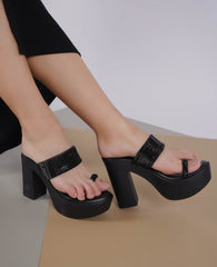 صندل أنيق وعصري بكعب عريض مفتوح من الخلف بارتفاع 4 بوصات ومقدمة مستديرة