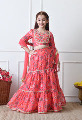 Girls Peach Printed Lehenga Choli Set with Embroidered Yoke and Dupatta