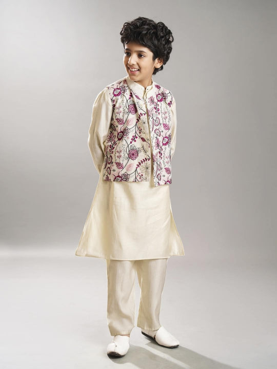 Boys off white kurta pajama with modal booti embroidery jacket
