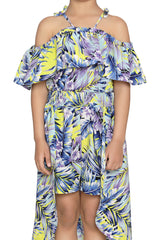 Blue and Yellow Printed Jumpsuit with Shorts and Trail