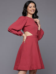 Varanga Women Rust Round Neck, Cut-Out Detail On Waist, Knee Length Dress