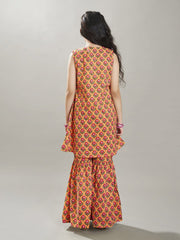 Girls Peach Floral Printed Kurta With Sharara