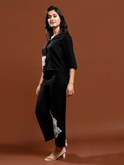 Floral Embellished Patchwork Linen Shirt & Trousers
