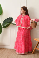 Girls’ Pink Printed Lehenga with Matching Cape and Crop Top Set
