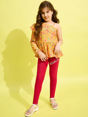 Girls Yellow floral Printed One Shoulder top and Jeggings Set