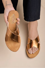 Shoetopia - Embellished Cross Strap Copper Flats For Women