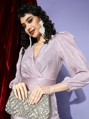 Lavender Solid Accordion Pleats Wrap Dress