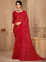 Women's Chiffon Red Printed DesignerSaree With Blouse Piece
