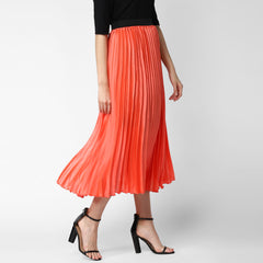 Women's Coral Satin Pleated Skirt