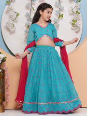 Girls Sea Green & Pink Embroidered Choli, Ready to Wear Lehenga with Dupatta