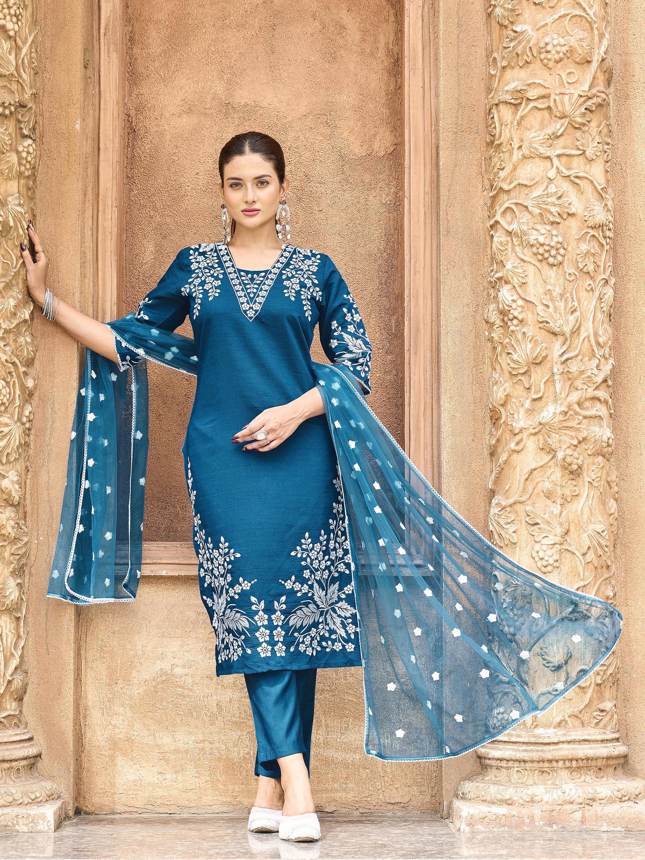 Teal color silk blend with off white thread embroidered kurta & trouser with dupatta set