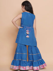 Girls Blue Solid Kurta with Sharara