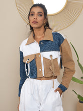 Women's Brown Denim Crop Jacket with Color Blocking patchwork detail