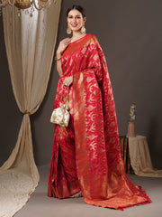 ساري نسائي وردي اللون بتصميم منسوج من مزيج الحرير مع قطعة بلوزة