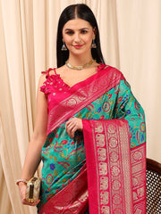 ساري نسائي أزرق مطبوع مطبوع من مزيج القطن مع قطعة بلوزة