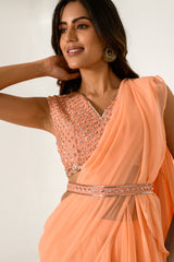 Embellished Orange Blouse with Chiffon Ruffle Saree