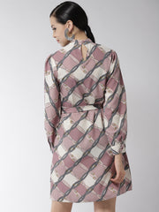 Women's Polyester Lavender Belt Print Manderin Collar Dress with belt