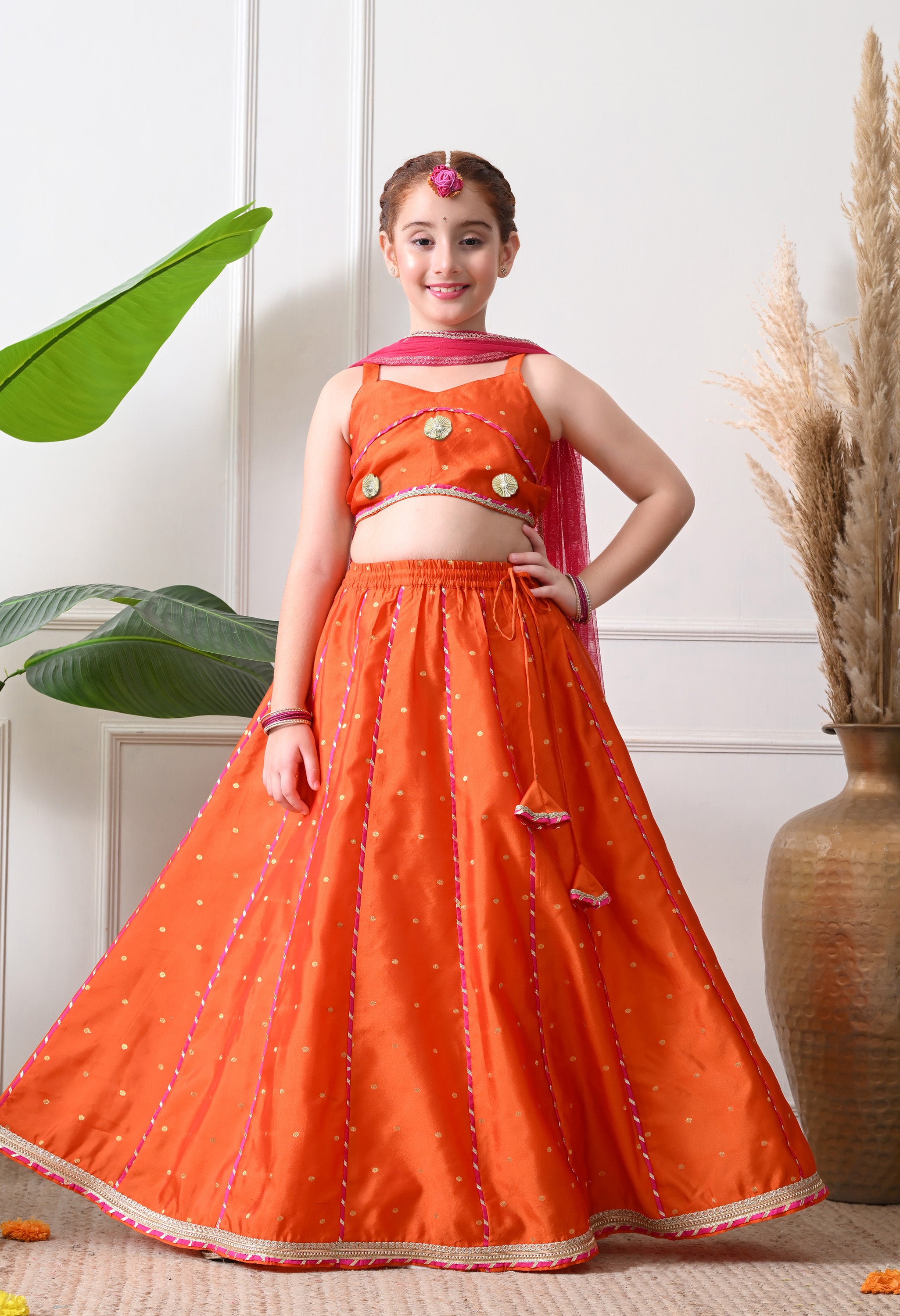 Girls Girls Orange Embellished Lehenga Choli Set with Dupatta Ethnic Wear