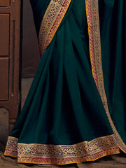 Women's Vichitra Silk Teal blue Embroidered Designer Saree With Blouse Piece