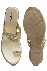 Gold Casual Wedge Open Back 3 inches Wedge Heels