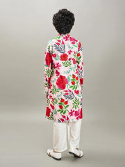 Boys Peach floral printed kurta with a off white pajama