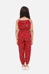Girls Red Printed Rayon Jumpsuit