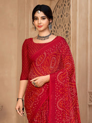 Women's Chiffon Red Printed DesignerSaree With Blouse Piece