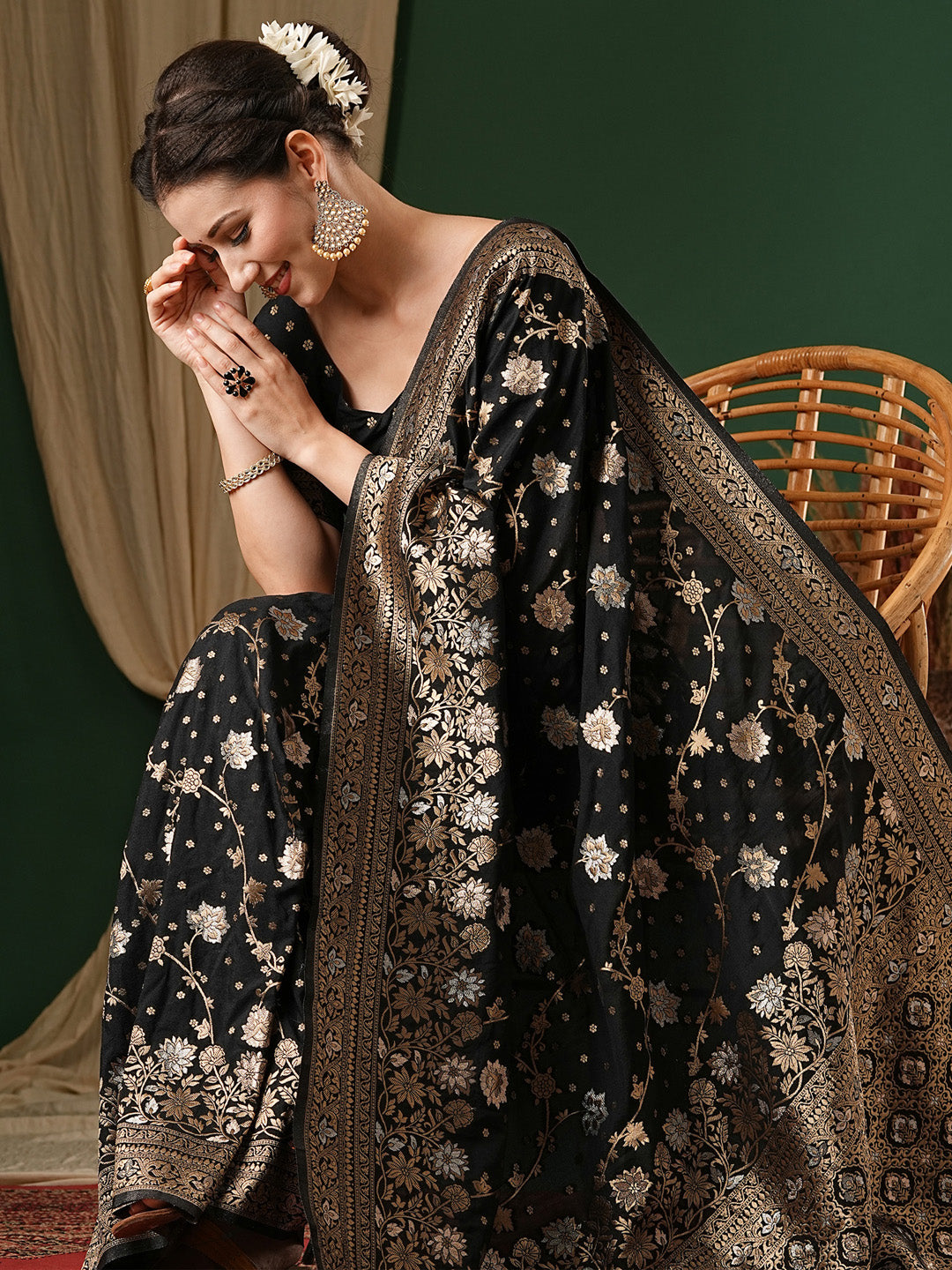 Women's Georgette Black Woven Design Designer Saree With Blouse Piece