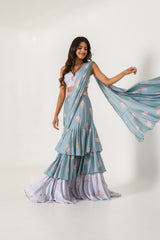 Aqua Blue & Slate Grey Ruffle Saree
