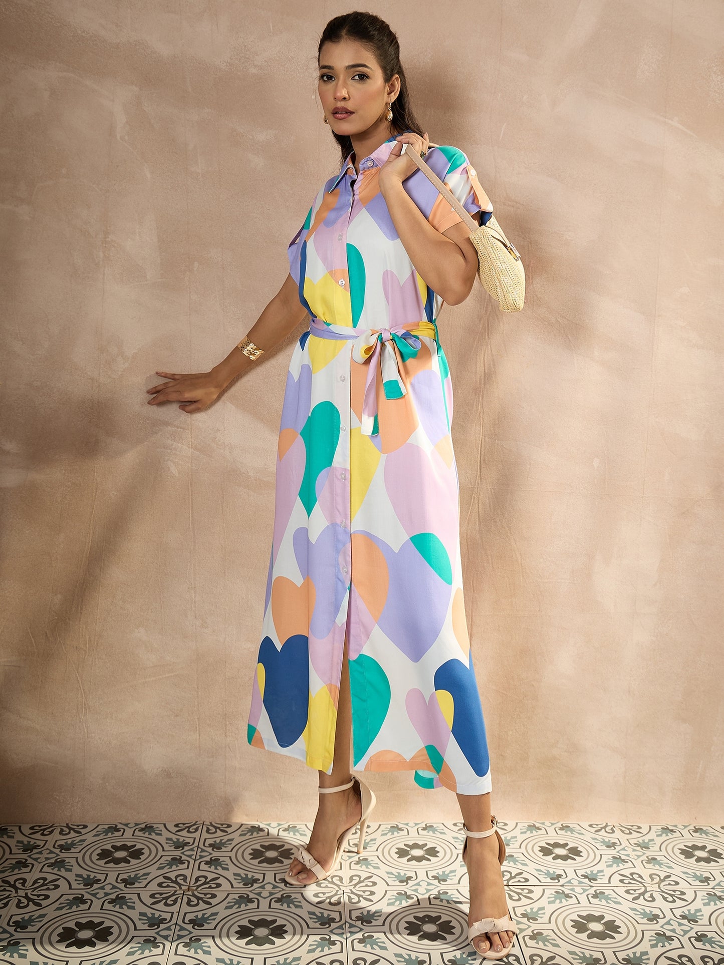 StyleStone Women's Viscose Modal Satin Printed Dress with Waist Fitting